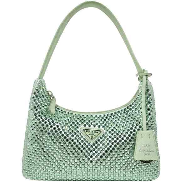 Prada Re-Edition 2000 Green Satin Crystal Nylon Shoulder Top Handle Hobo Bag - Picture 1 of 7